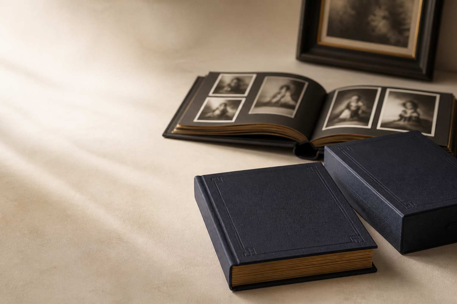 Prototype presentation of a dark archival album and open portrait spreads.